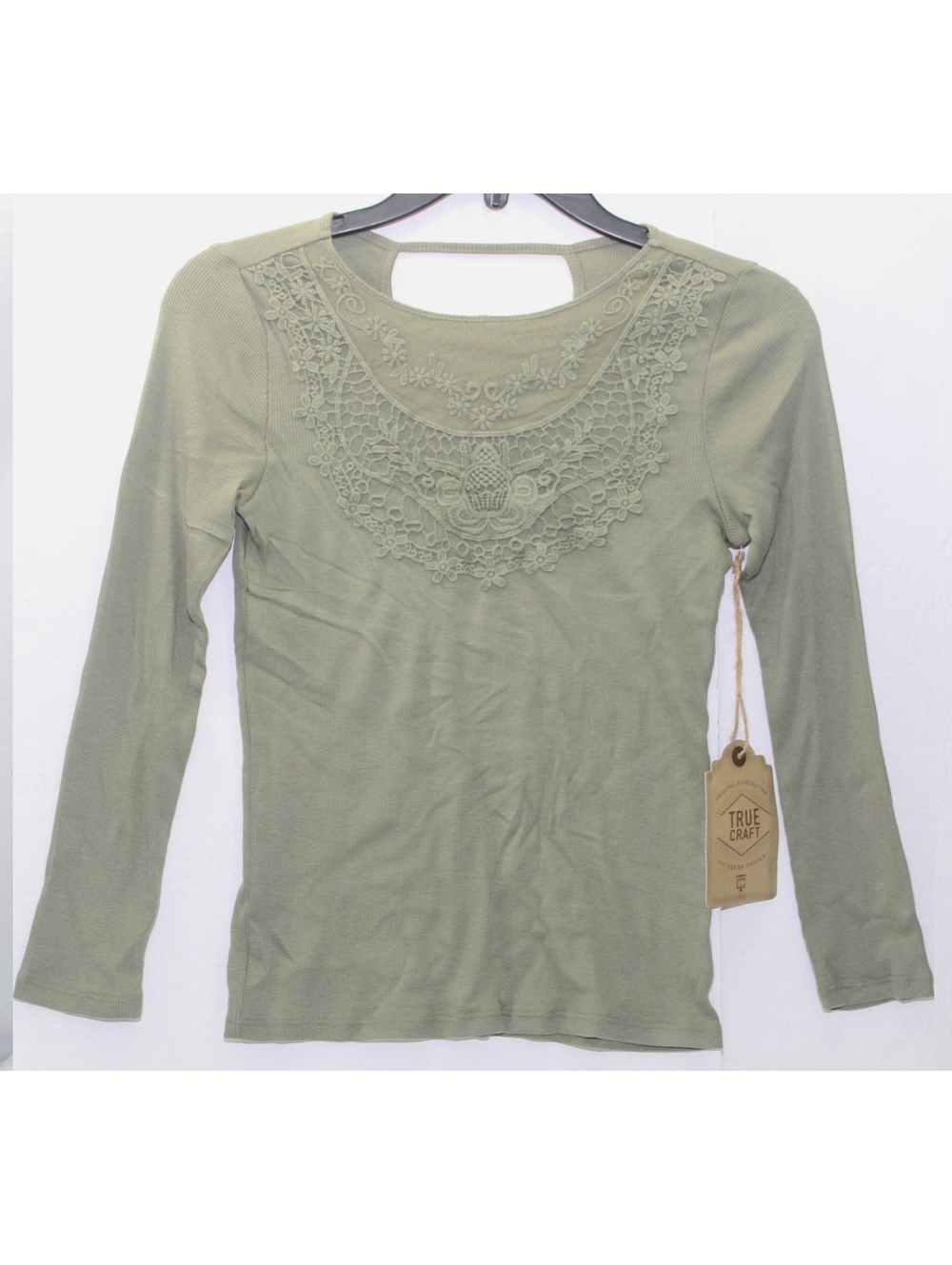 NWT True Craft Girls October Youth Medium Olive Green Lace Embroidered T Shirt